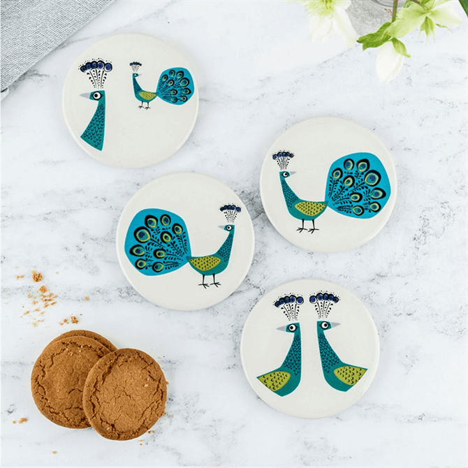 Hannah Turner Handmade Ceramic Peacock Coasters Box Set Of 4